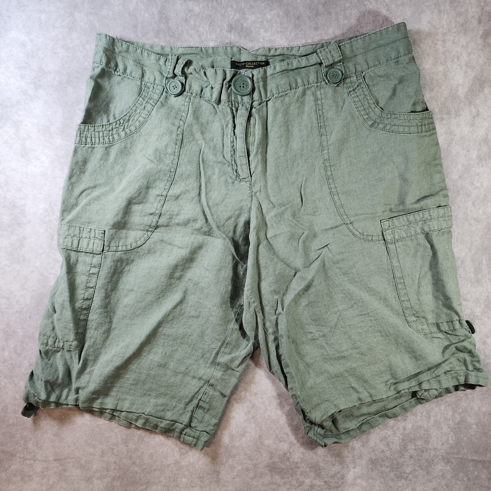 Dalia Collection Woman Cargo Shorts 18W 100% Linen Sage Green Utility Safari